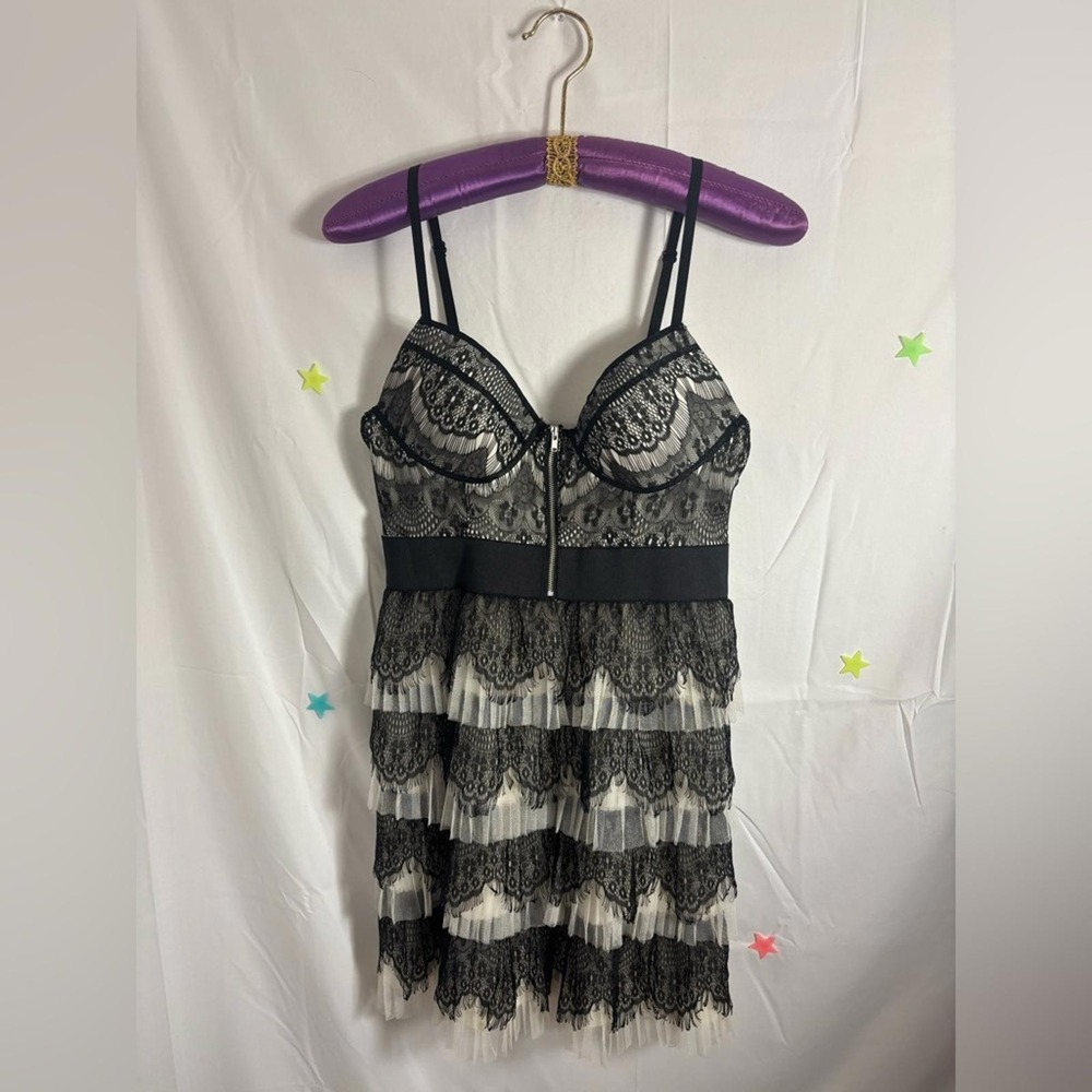Y2K Tiered Lace Push Up Zipper‎ Bustier Dark Coquette Western Mini Dress M